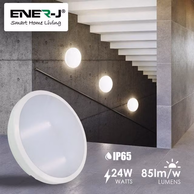 EnerJ Smart 24W LED Bulkhead Ceiling Light, IP65 Waterproof, 2000 Lumens, 4000K, White