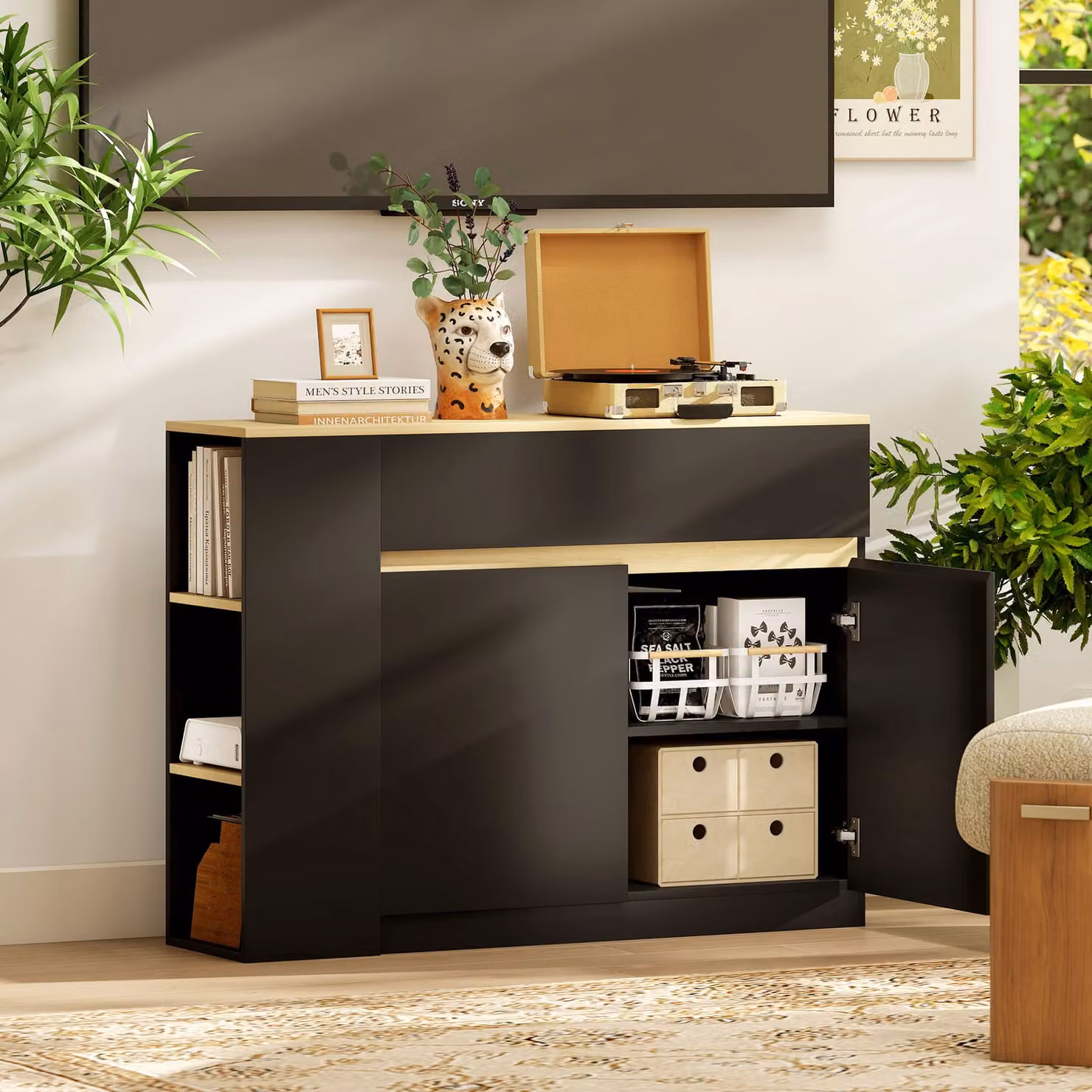 HOMCOM Modern Black Sideboard Storage Cabinet with 2 Drawers and 3 Open Shelves – 6