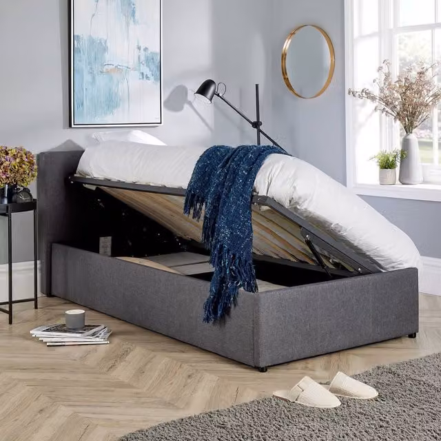 Home Source Horizon Grey Fabric Upholstered Ottoman Bedframe with Side Lift Base