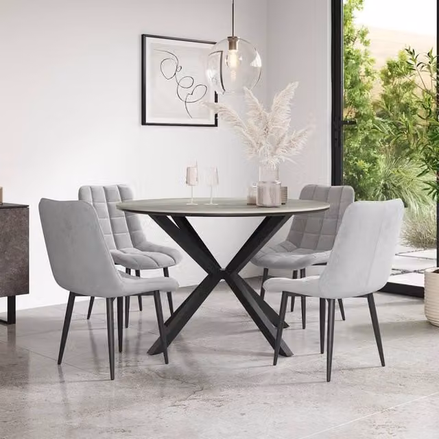 More4Homes Calne Round Ceramic Dining Table and 4 Nova Velvet Chairs in Light Grey and Black, Diameter: 120 cm, Height: 75 cm
