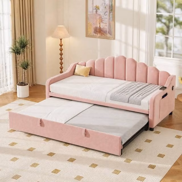 STILVORA Pink Velvet Single Bed Frame with Side Compartments and USB Charging Port, W/D/H: 90 x 190 x 128 cm – 1