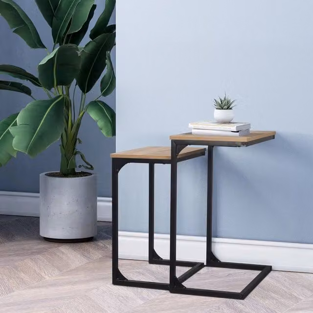 EONLION Seville Modern Nesting Coffee Table Set in Light Oak with Wood and Metal Frame