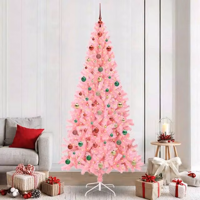 Berkfield Home Pink PVC Christmas Tree with 300 LEDs and Stand, Height: 240 cm – 1