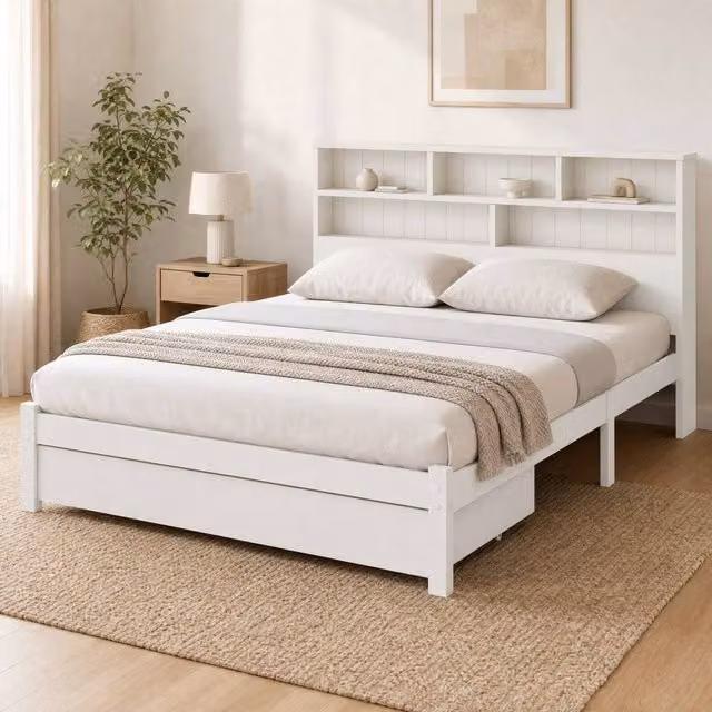 STILVORA Double Bed Frame with Storage Drawers in White Wood – 1