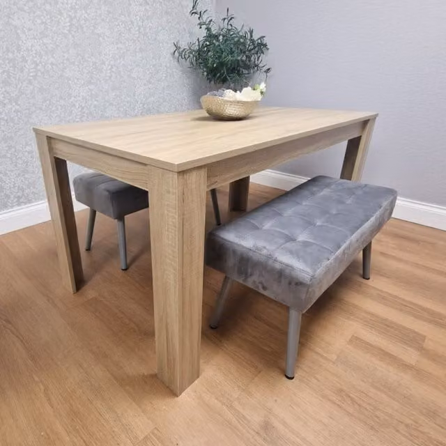 Kosy Koala Modern Rectangular Dining Table and 2 Velvet Benches Set in Grey and Beige, Width: 117 cm