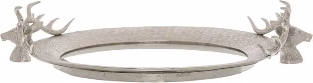 KDMK Silver Stag Head Oval Mirrored Tray with Glass and Metal Details