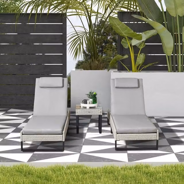 Outsunny 3-Piece PE Rattan Sun Lounger Set with Cushions and Side Tray in Grey