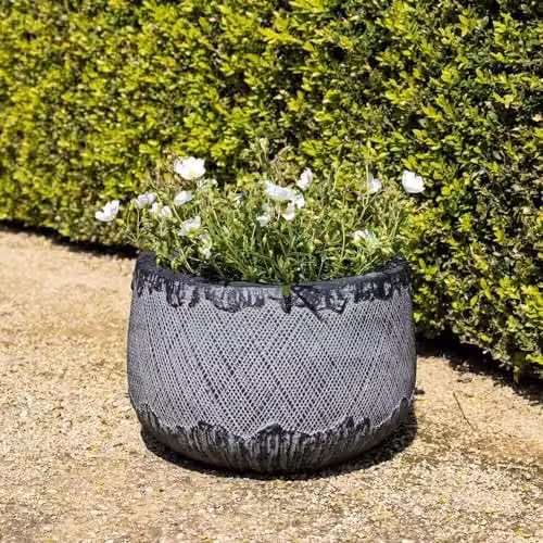 Primrose Fibreglass Pattern Textured Round Planter in Anthracite Grey, Diameter: 23 cm – 1