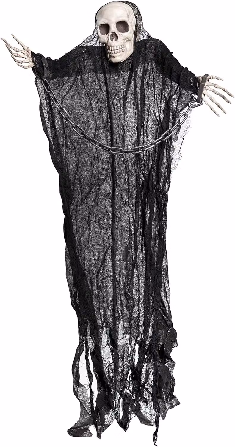 Shatchi Hanging Ghost Skeleton Halloween Decoration in Black with Chains, 90cm – 2