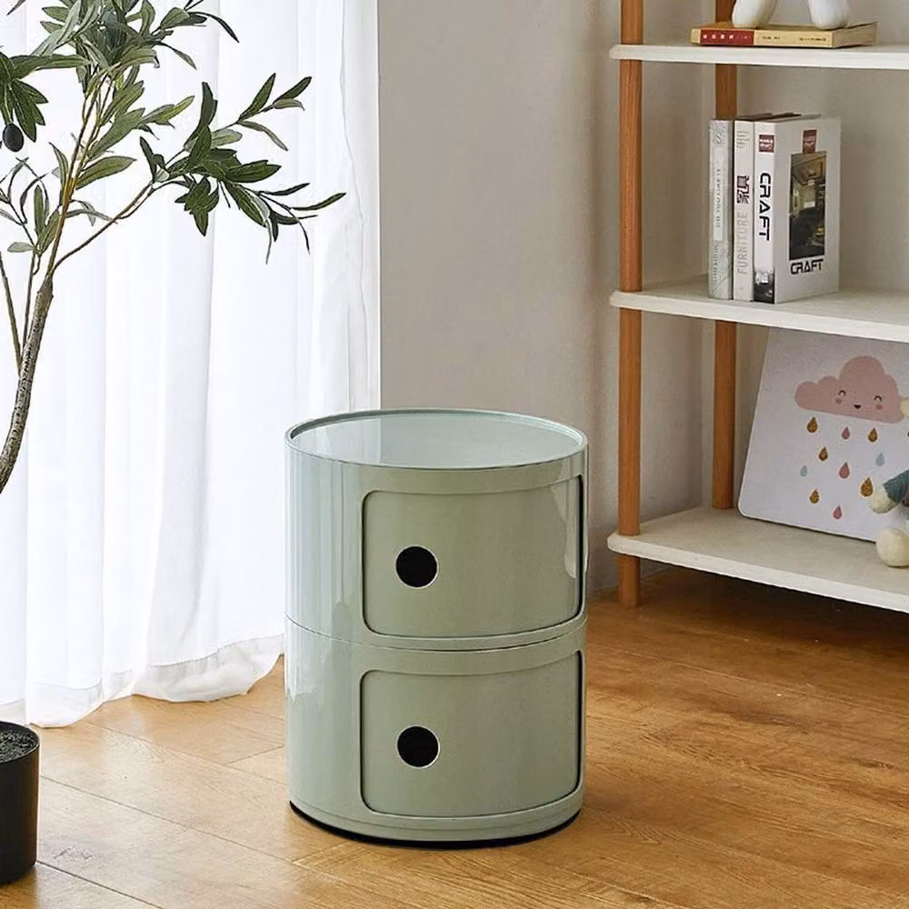 FLAVORA Green 2 Tier Cylindrical Round Freestanding Storage Cabinet with Sliding Doors and Internal Shelves – 2