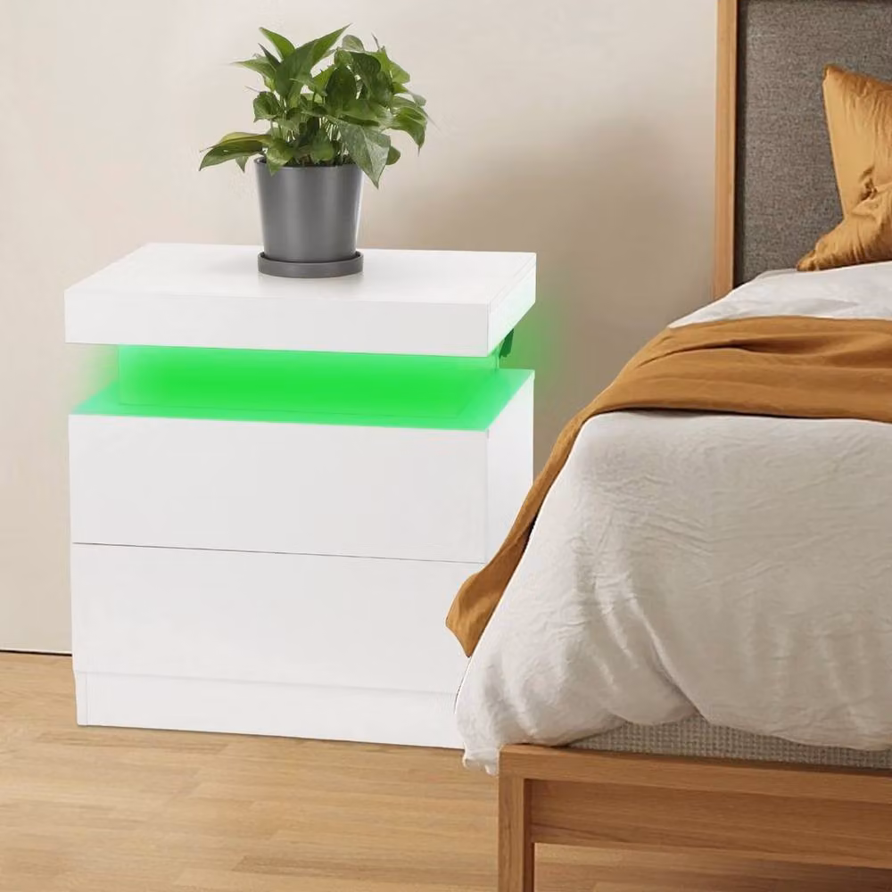 KORVIXA White High Gloss LED Bedside Table with 2 Drawers W/D/H: 100 x 100 x 100 cm – 2