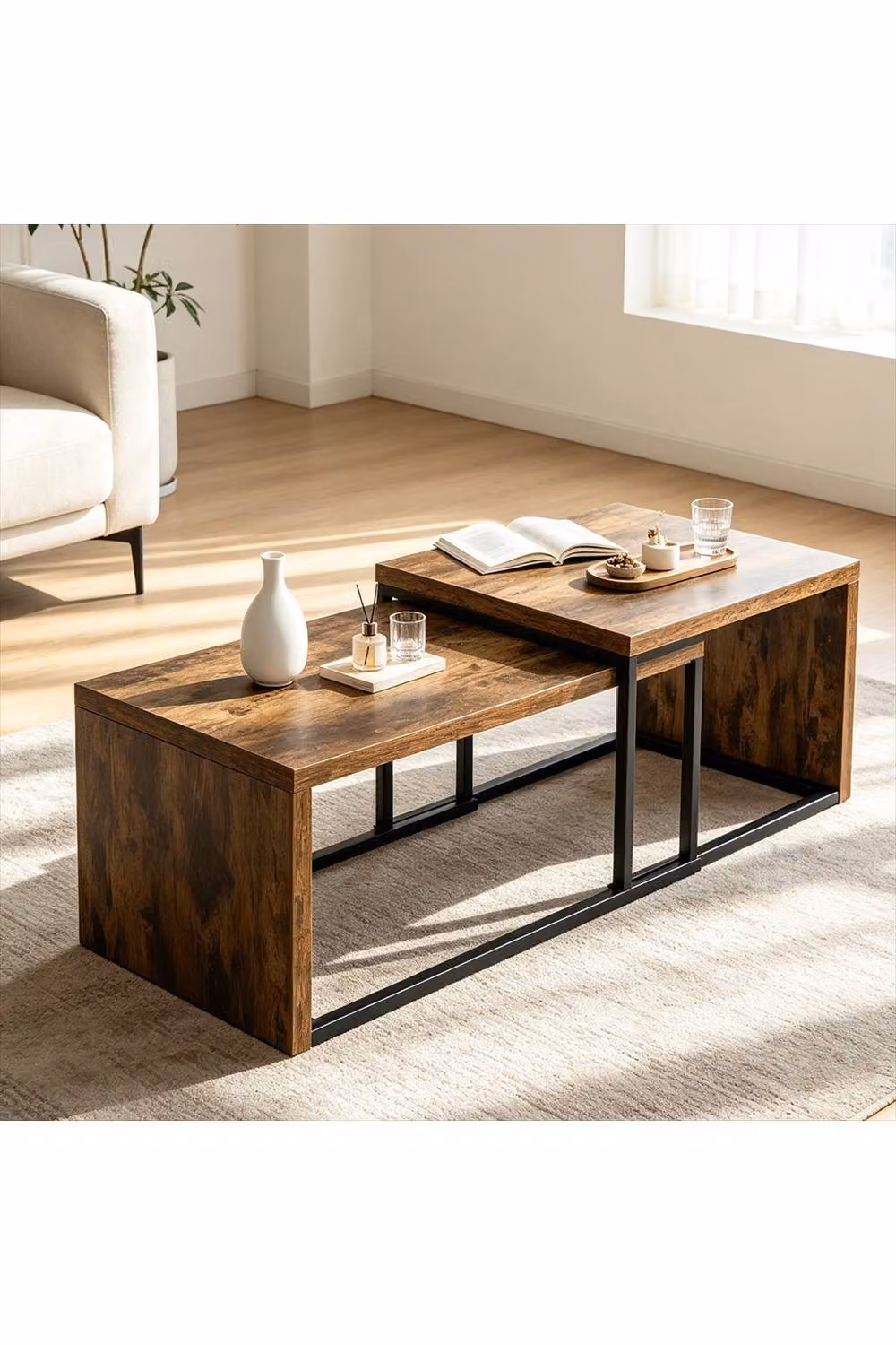 ERGOVEXA Nesting Coffee Table Set of 2, Industrial Stacking Side Tables in Rustic Brown and Black – 5