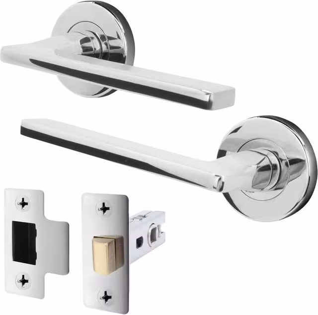 AFIT Polished Chrome Aluminium Door Handle and Latch Set in Silver, W/D/H: 15.0 x 15.0 x 3.0 cm