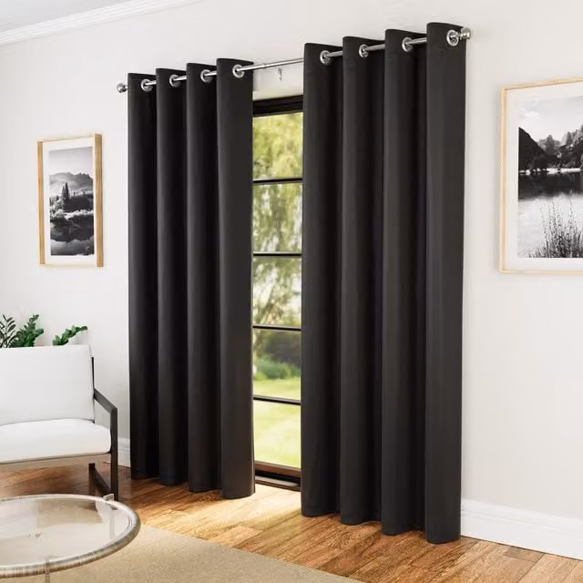 Enhanced Living Pair of Black Plain Thermal Eyelet Curtains, Height: 183 cm, Width: 168 cm