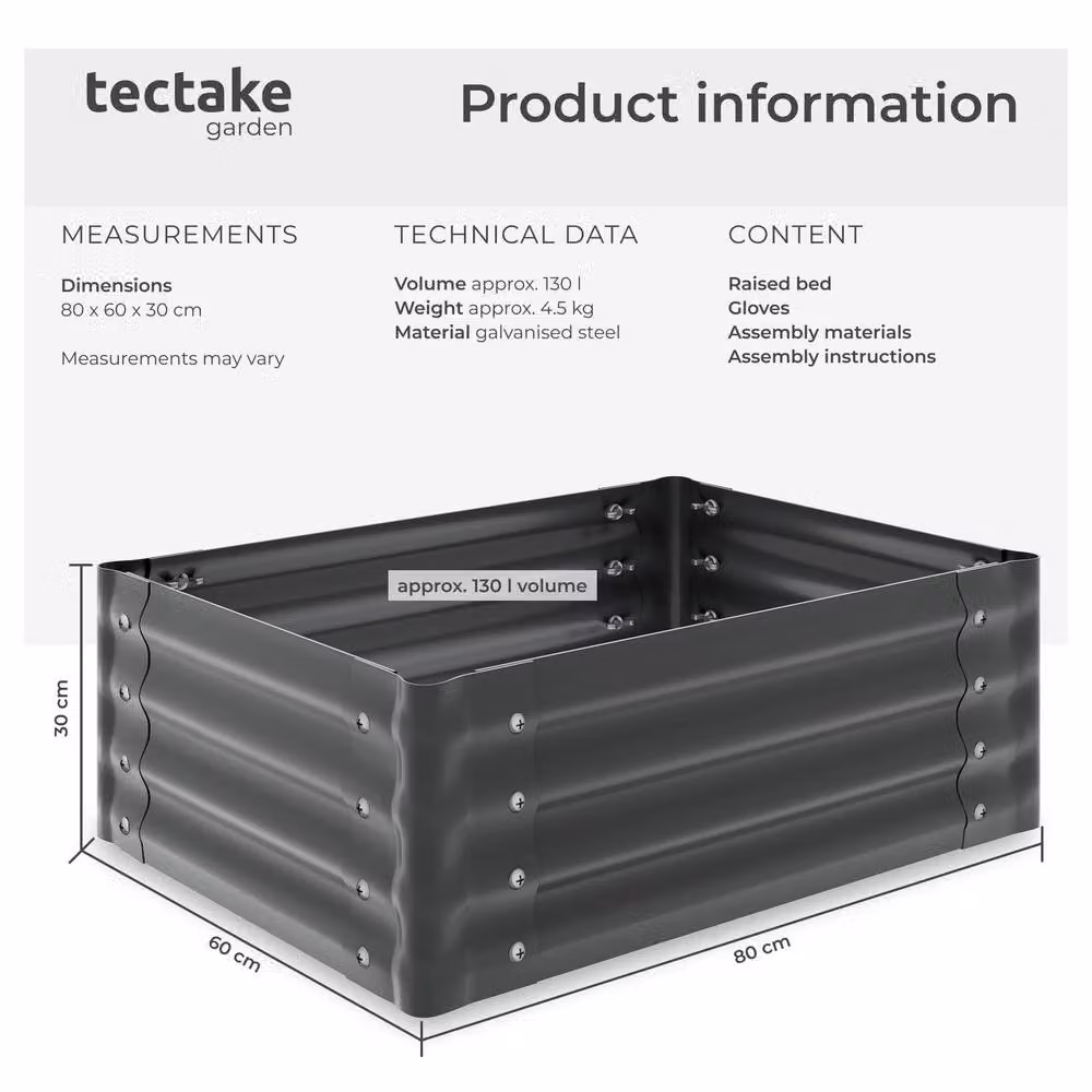 tectake Salvia Raised Garden Bed in Grey Galvanised Steel, W: 80 cm, D: 60 cm, H: 30 cm – 6
