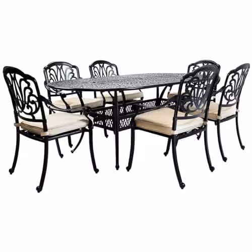 CHARLES BENTLEY Cast Aluminium Oval Garden Table and 6 Armchairs Set with Beige Cushions, Black, W/D/H: 218 x 106 x 90 cm