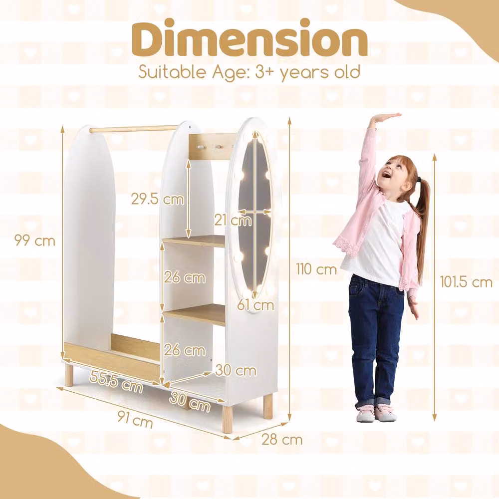 Gymax Open Hanging Wardrobe Playroom Costume Organiser with Mirror Lights in White – 2