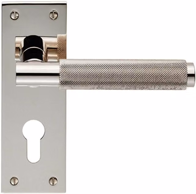 Loops Pair of Knurled Round Lever Handles on Slim Euro Lock Backplate, Polished Nickel, W: 150 mm x H: 50 mm