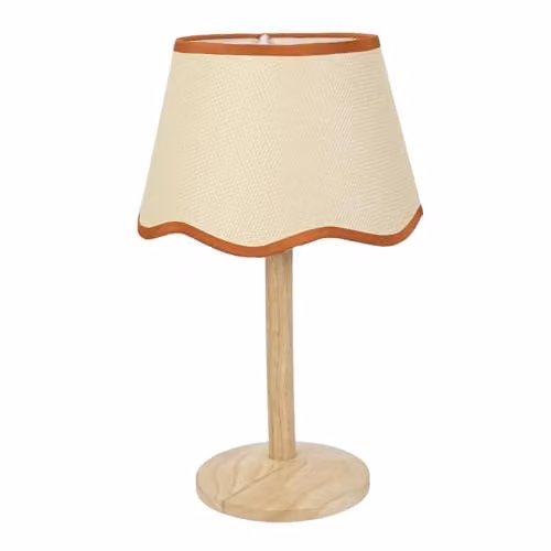 ValueLights Single Stem Natural Wood Table Lamp with Rust Trim Scallop Shade and Included LED Bulb