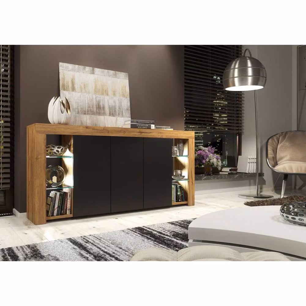 Mex Furniture LTD Eden Sideboard in Dark Oak and Black Matt with Integrated LED Lights, W: 164 cm, H: 83 cm, D: 35 cm – 2