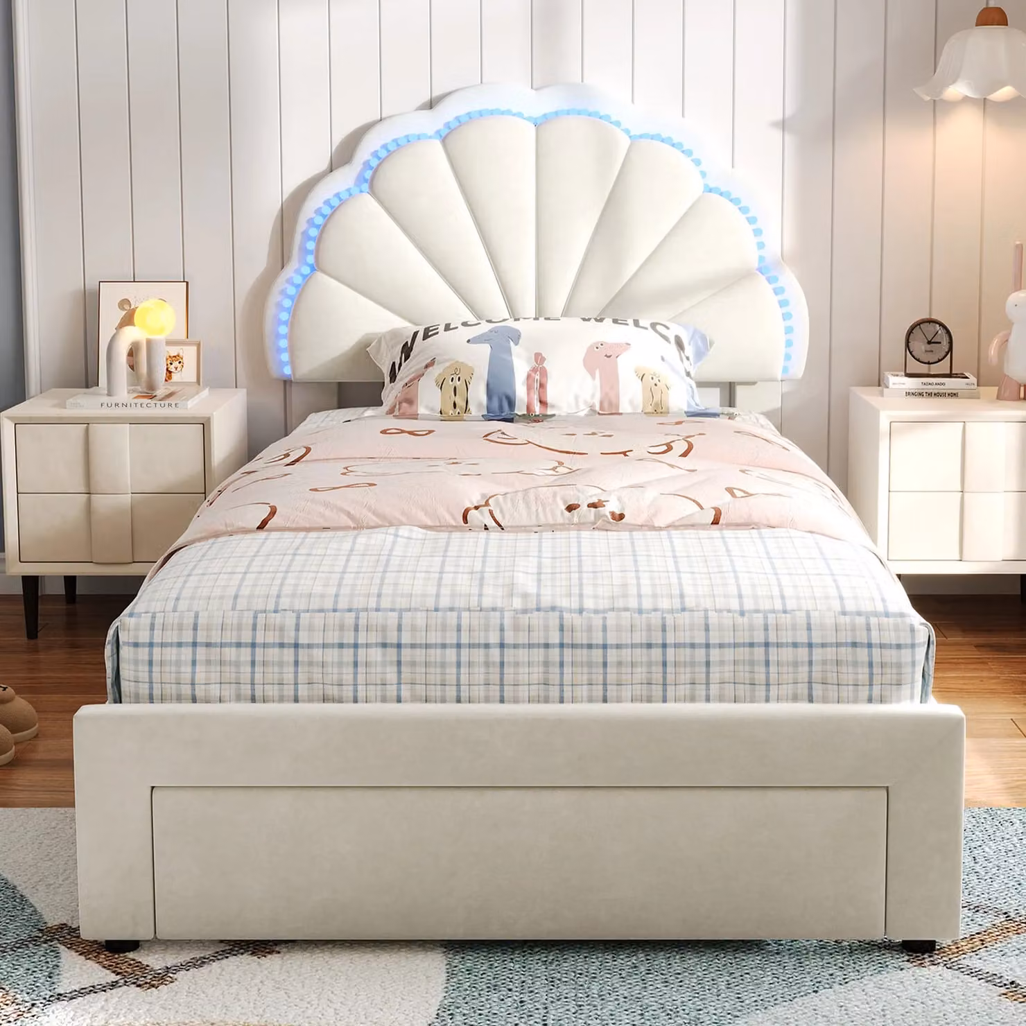 Matteo Upholstered Bed in Beige with Under-Bed Lighting and Drawers, W/D/H: 90 x 190 cm – 1
