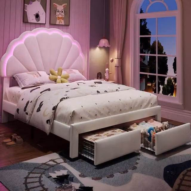 ModernLuxe Beige Velvet Double Bed with 2 Drawers, Shell-Shaped Headboard and LED Under-Bed Lighting, W/D/H: 135 x 190 x 148 cm