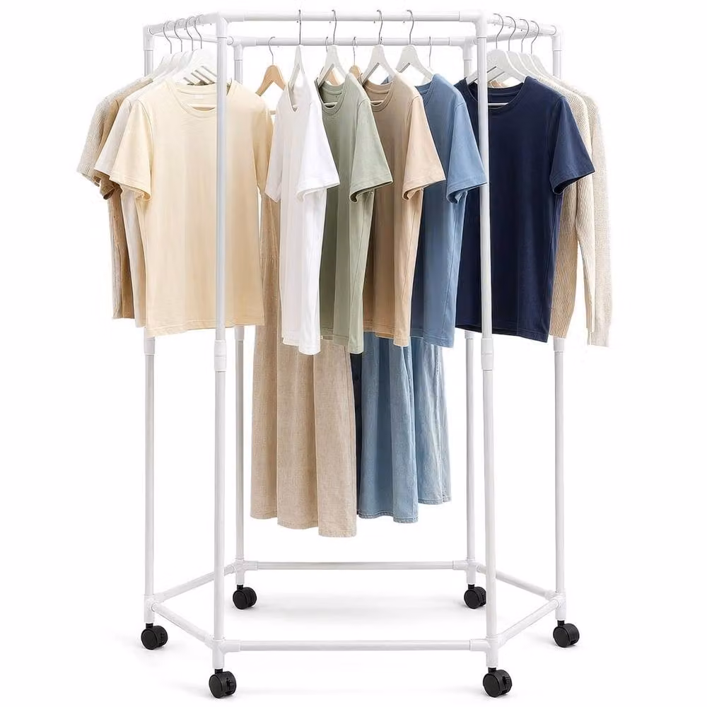 VOGREX Double Layer Hexagonal Rotating Clothes Rack with Wheels in Matt White – 2