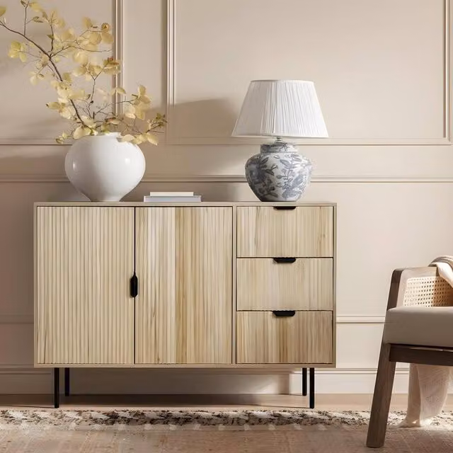 OHS Modern Ribbed Sideboard Cabinet with Drawers and Shelves in Light Oak