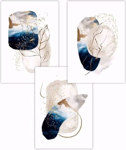 ARTZE Set of 3 Modern Abstract Geometric Paper Posters in Blue, Beige and Gold, W: 30 cm, H: 42 cm
