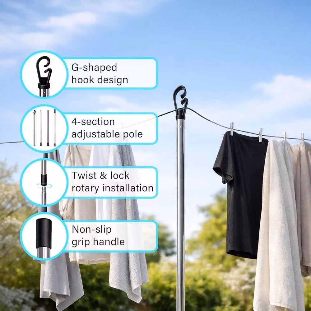 FLAVORA Silver Stainless Steel Single Pole Washing Line Laundry Support – 3
