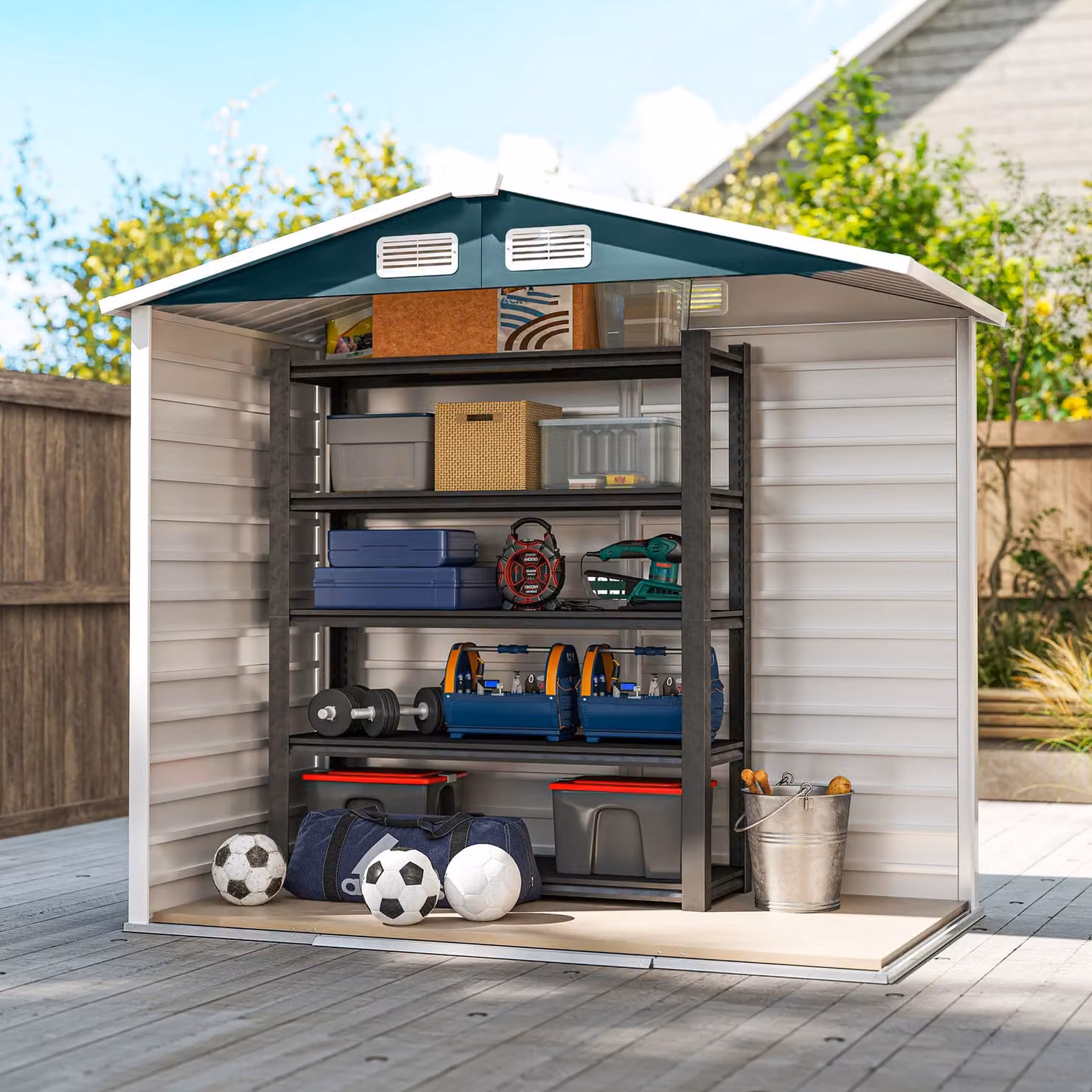 Outsunny Green Metal Garden Storage Shed with Galvanised Steel Frame, Double Doors and Foundation Kit, H 194.0 x W 213.36 x D 120.0 cm – 6