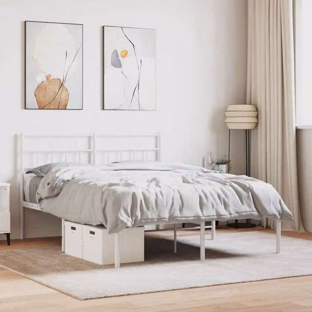 Berkfield Home Metal Bed Frame with Headboard in White, W/D/H: 150 x 200 cm