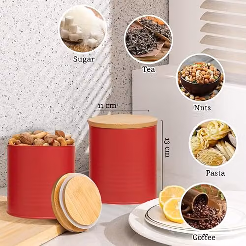 Orsina Set of Three Airtight Metal Kitchen Canisters with Bamboo Lids in Red and Grey – 4
