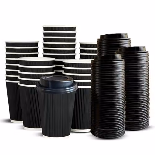 ECONX 250 Disposable 12oz Paper Coffee Cups with Lids, Triple Walled Insulated Ripple Design for Hot and Cold Drinks, Black – 1