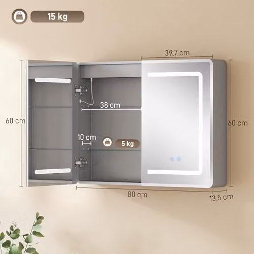 HOMCOM Silver LED Bathroom Mirror Cabinet with Anti-Fog Function and Sensor Switch, W: 60 cm, H: 80 cm, D: 13.5 cm – 2