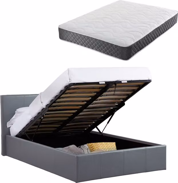 Luna Small Double Ottoman Bed with Hybrid Spring and Foam Mattress, Grey Faux Leather, W/D/H: 120 x 200 cm