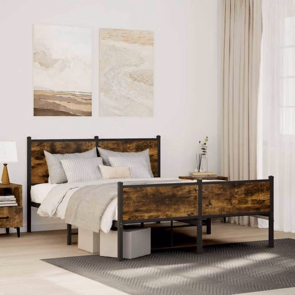 Berkfield Home Metal Bed Frame in Smoked Oak and Brown, W/D/H: 190 x 140 x 91.5 cm – 2