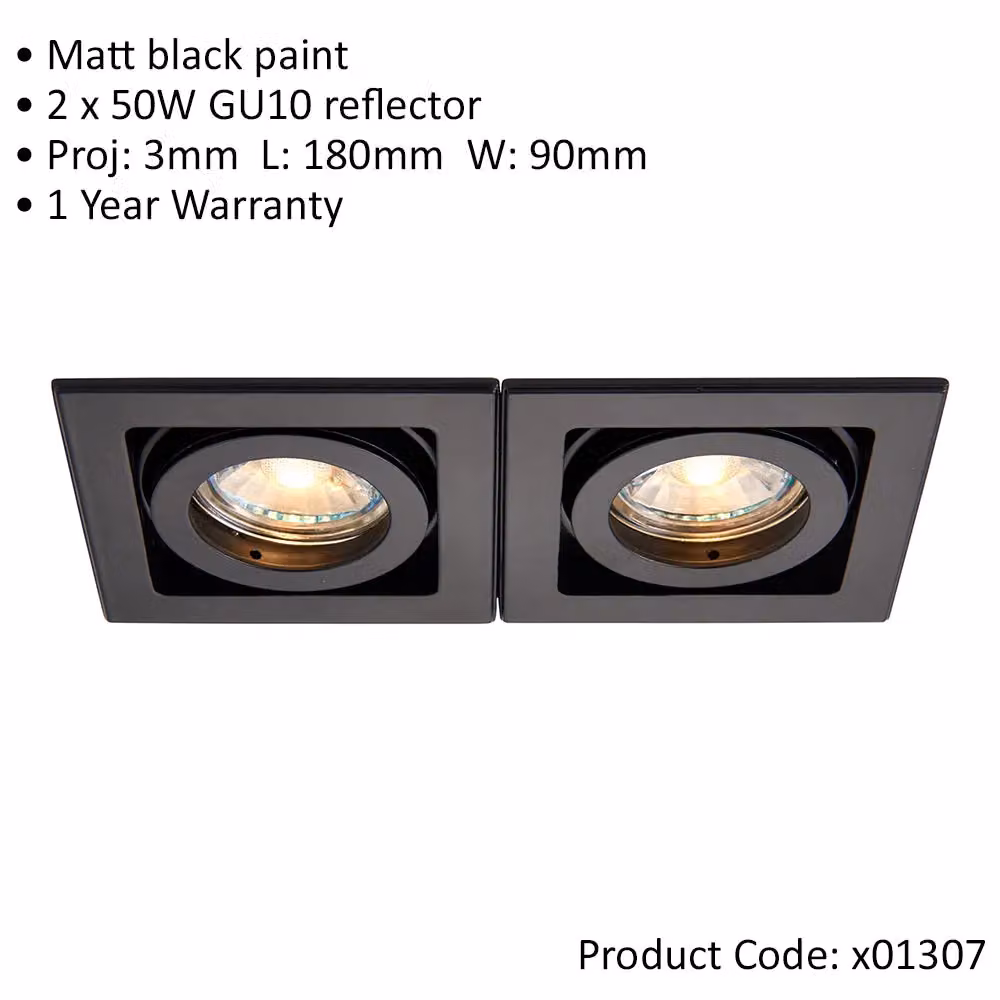 Loops Twin Recessed Boxed Downlight Pack of 2, Matt Black, Adjustable and Dimmable GU10 Reflector – 2