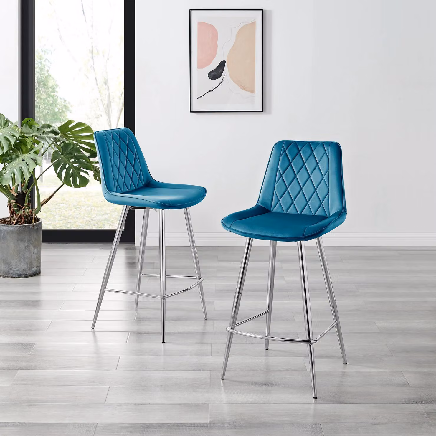 FurnitureboxUK Pesaro Set of 2 Blue Velvet Counter Stools with Silver Metal Legs – 2