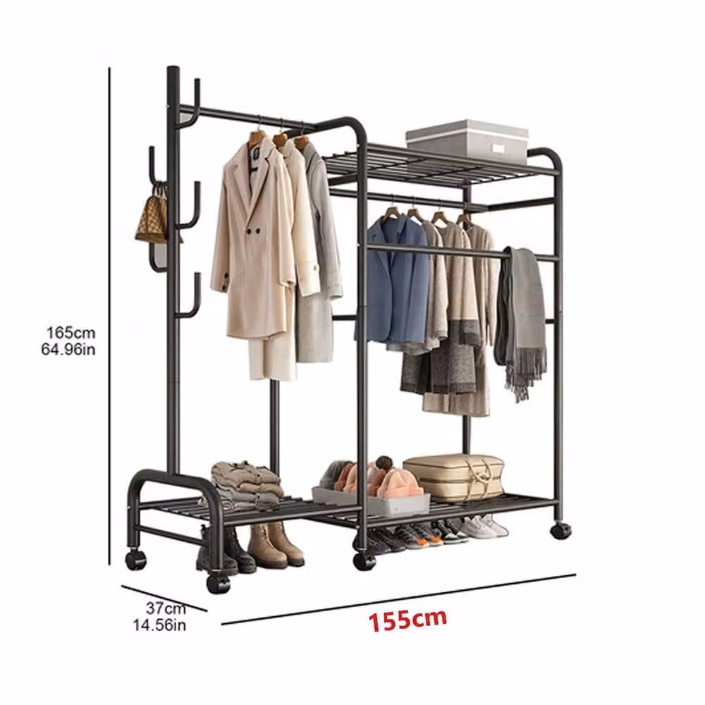 VOGREX Black Heavy Duty Double Metal Clothes Rail Wardrobe Stand – 2