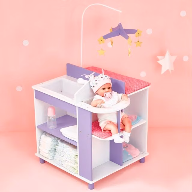 Teamson Kids Wooden Baby Doll Changing Station with Storage in White and Purple