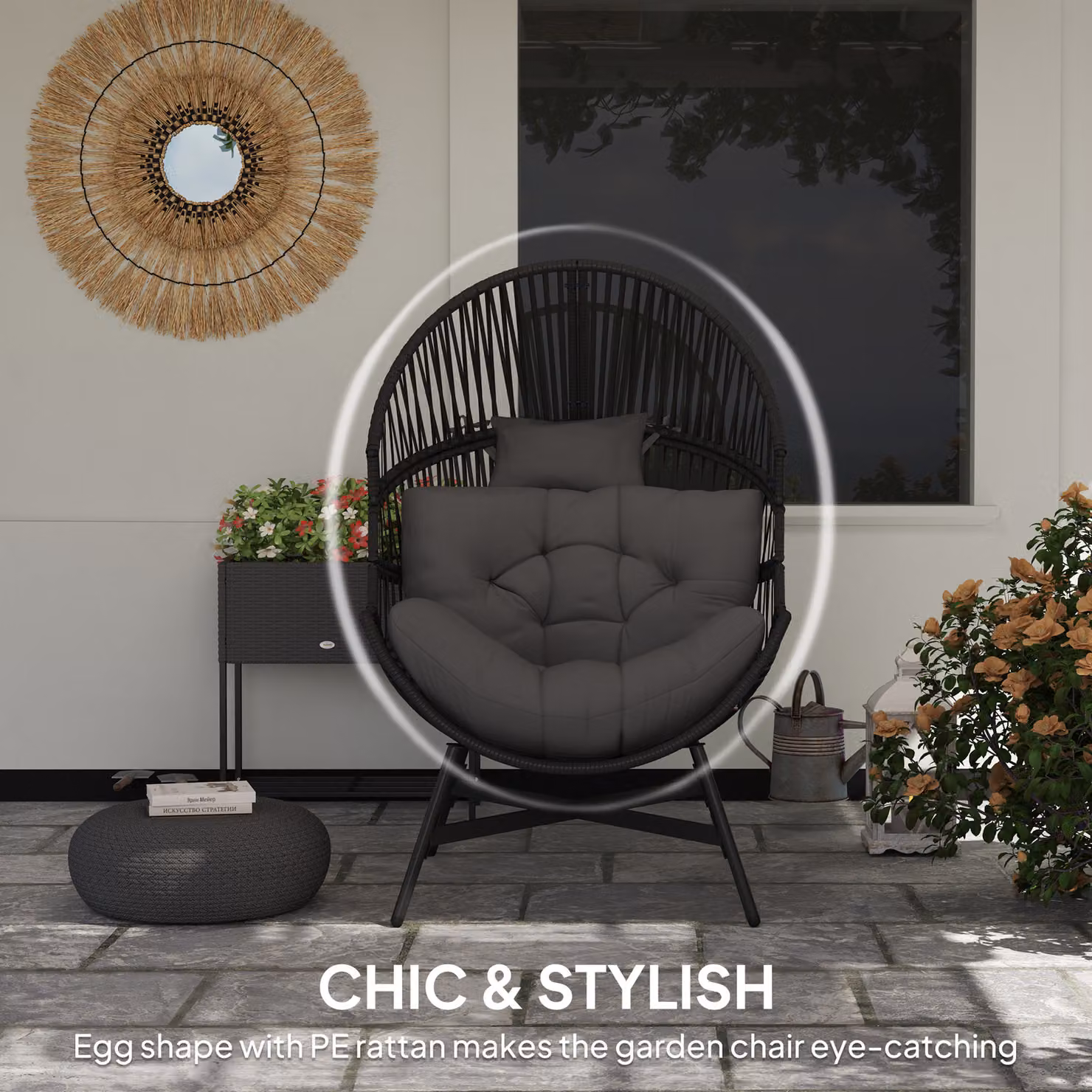 Outsunny Standing Rattan Egg Chair for Garden with Thick Cushions and Headrest, Charcoal Grey – 4