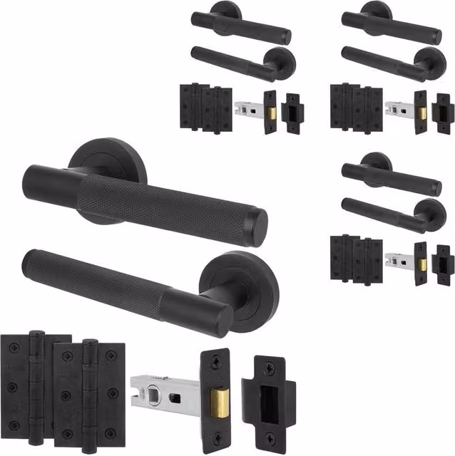 AFIT Matt Black Knurled Door Handles and Rose Latch Kit with Hinges, 4 Pairs