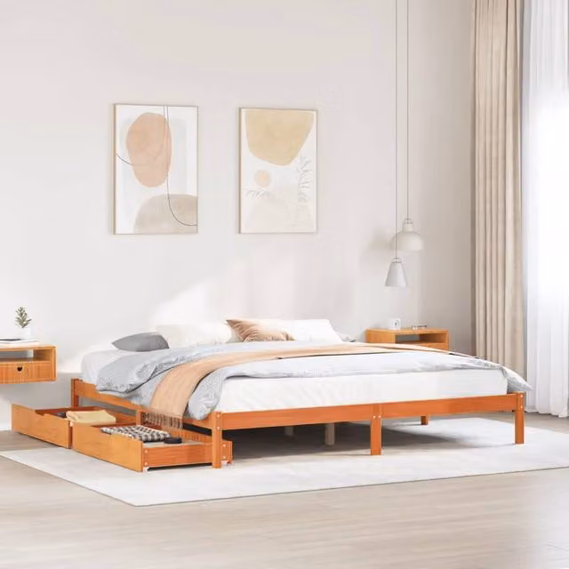 Berkfield Home Rustic Solid Wood Pine Bed Frame in Wax Brown, 200 x 200 cm