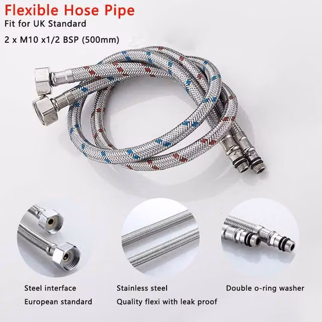Heable Durable Kitchen Monobloc Mixer Tap Connectors with M10 x 1/2 Flexi Pipes in Silver, Length: 40 cm