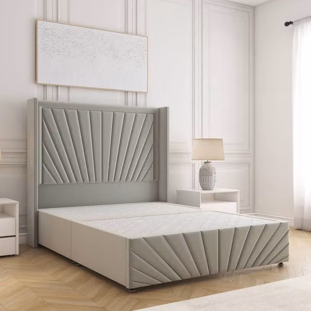 BSSPOKE Nola Double Divan Bed with 54 inch Plush Velvet Headboard in Silver