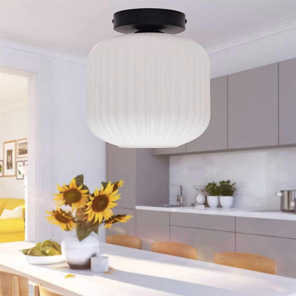 First Choice Lighting Bento Set of 2 Black and White Ribbed Glass Ceiling Light Fittings – 3