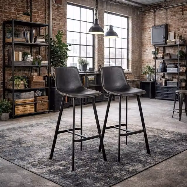 Wyld Haus Set of 2 Bogense Black Faux Leather Bar Stools with Cream Zig Zag Stitching – 1