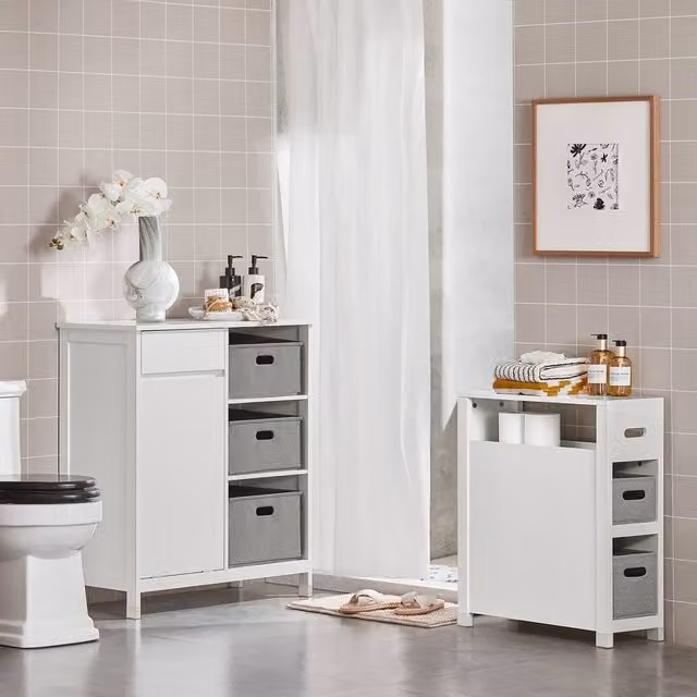 SoBuy Modern Bathroom Low Cabinet with Fold-Down Laundry Bin in White and Grey, H: 91.0 cm, W: 80.0 cm, D: 38.0 cm – 1