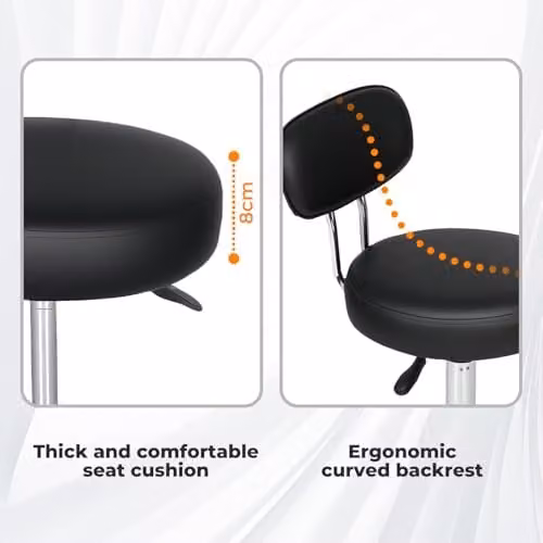 Levede Black PU Leather Rolling Stool with Low Back, Height Adjustable Swivel Task Chair with Footrest for Home, Office and Studio Use – 7